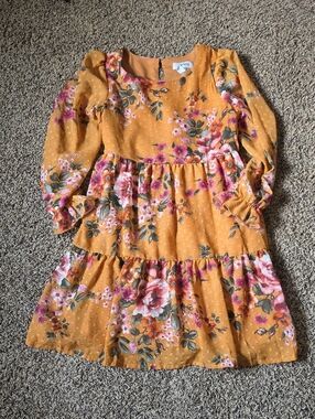 Speechless Mustard Floral Tiered Long-Sleeve Dress
